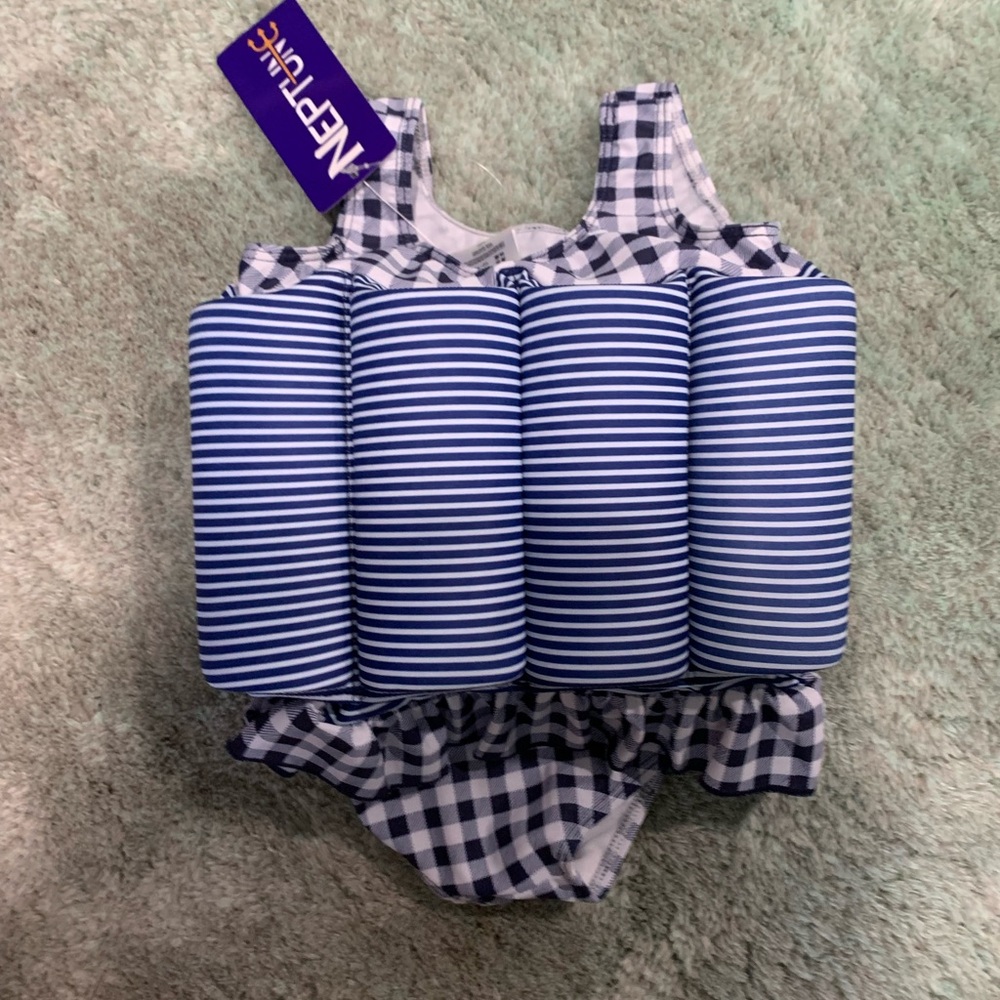 Neptune Blue Checkered Kids Flotation Swim One Piece